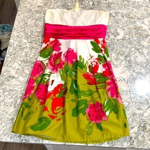 Floral strapless dress pink, white, green w/bow S